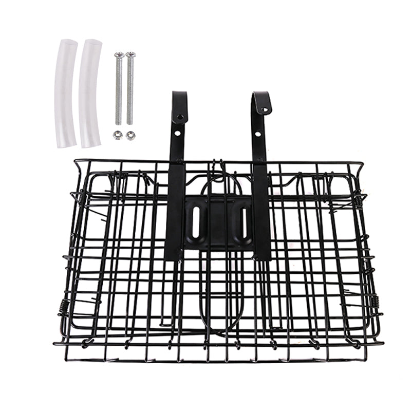 Foldable Bike Front Rear Basket Metal Bicycle Handlebar Shopping Carrier for Cycling - Black