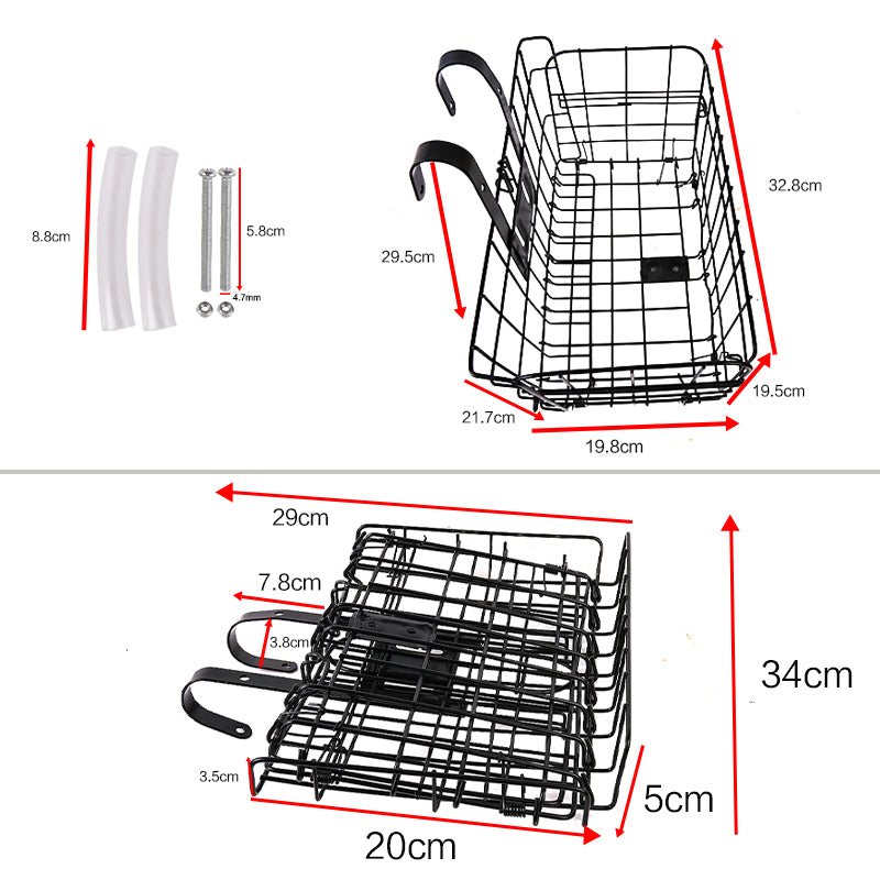 Foldable Bike Front Rear Basket Metal Bicycle Handlebar Shopping Carrier for Cycling - Black