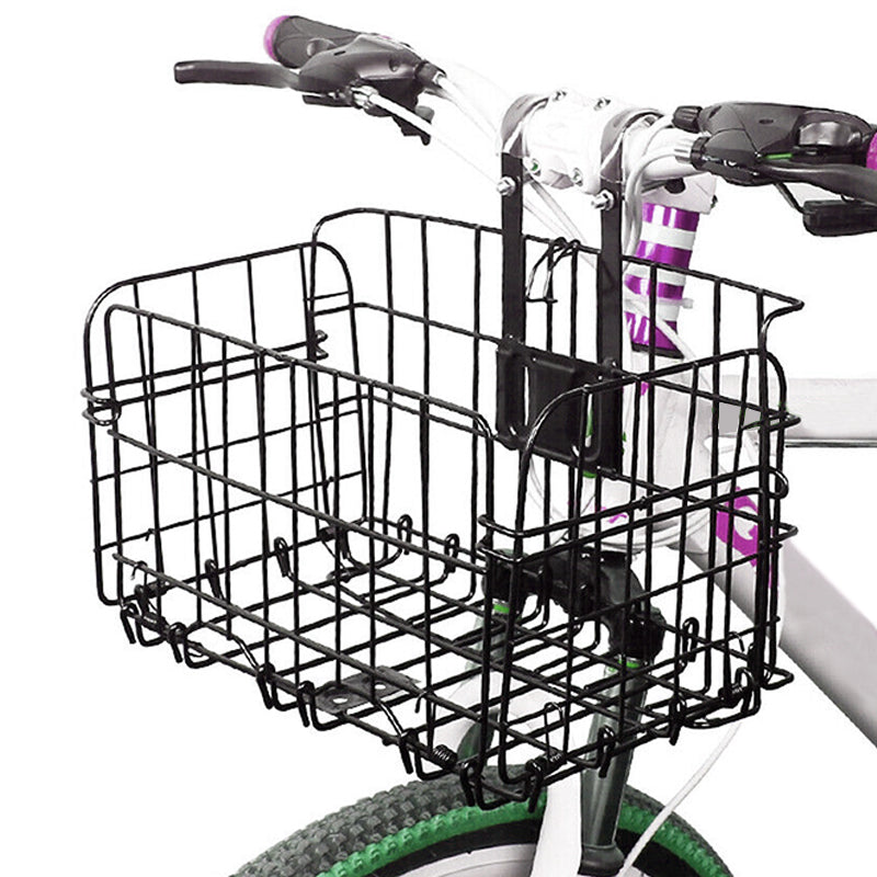 Foldable Bike Front Rear Basket Metal Bicycle Handlebar Shopping Carrier for Cycling - Black