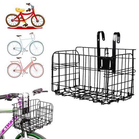 Foldable Bike Front Rear Basket Metal Bicycle Handlebar Shopping Carrier for Cycling - Black