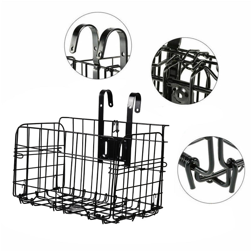 Foldable Bike Front Rear Basket Metal Bicycle Handlebar Shopping Carrier for Cycling - Black