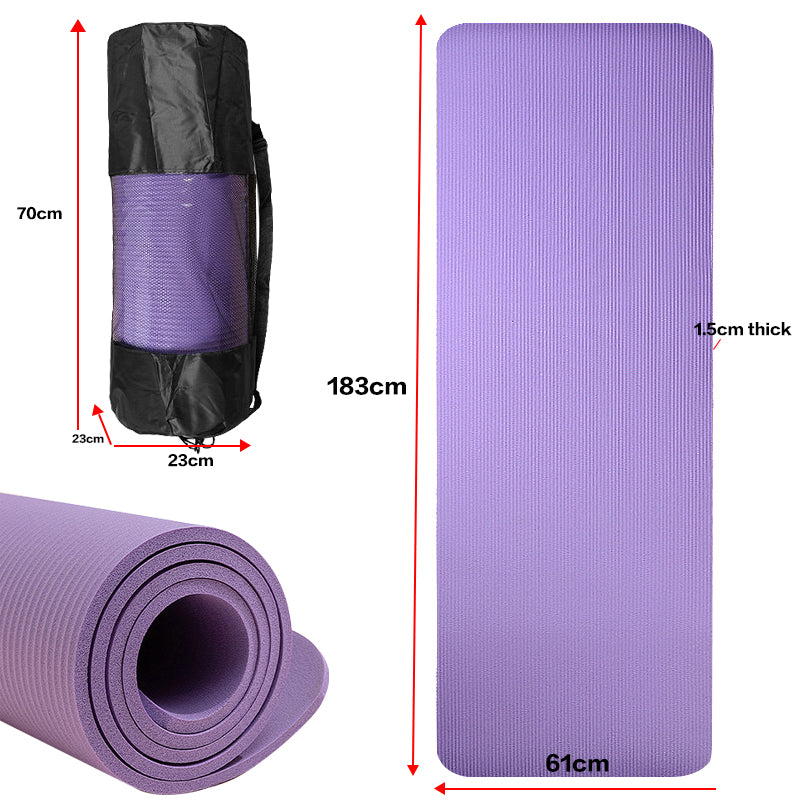 Yoga Mat 15mm Thick Gym Mats with Carrying Strap for Exercise Fitness Pilates - Purple Blue Grey Black