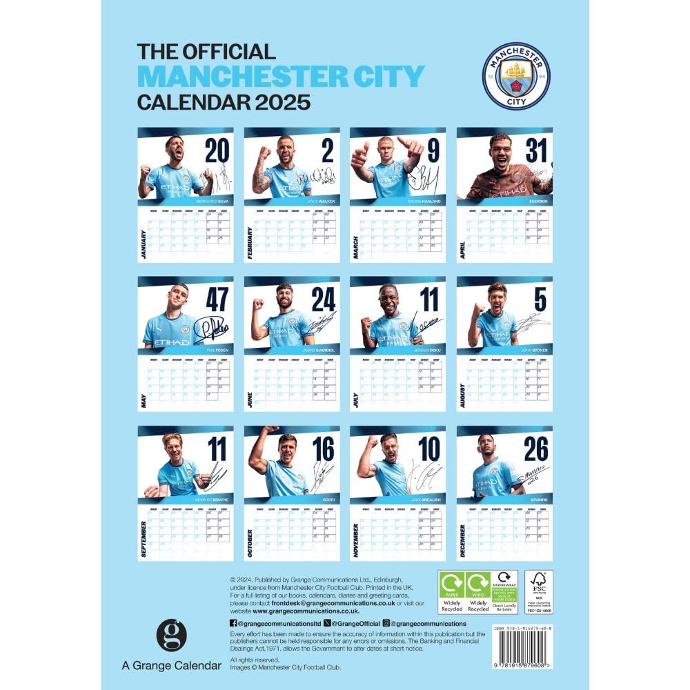 Manchester City FC A3 Calendar 2025 Official Licensed Merchandise