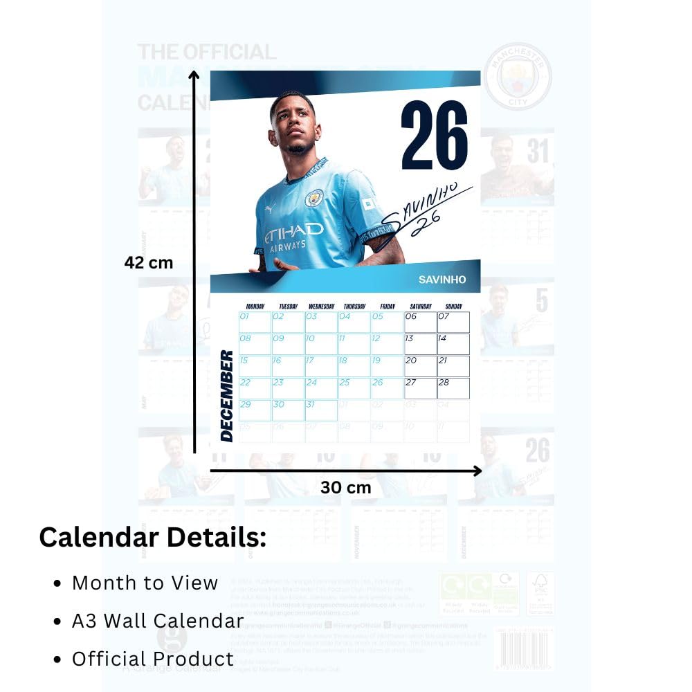 Manchester City FC A3 Calendar 2025 Official Licensed Merchandise