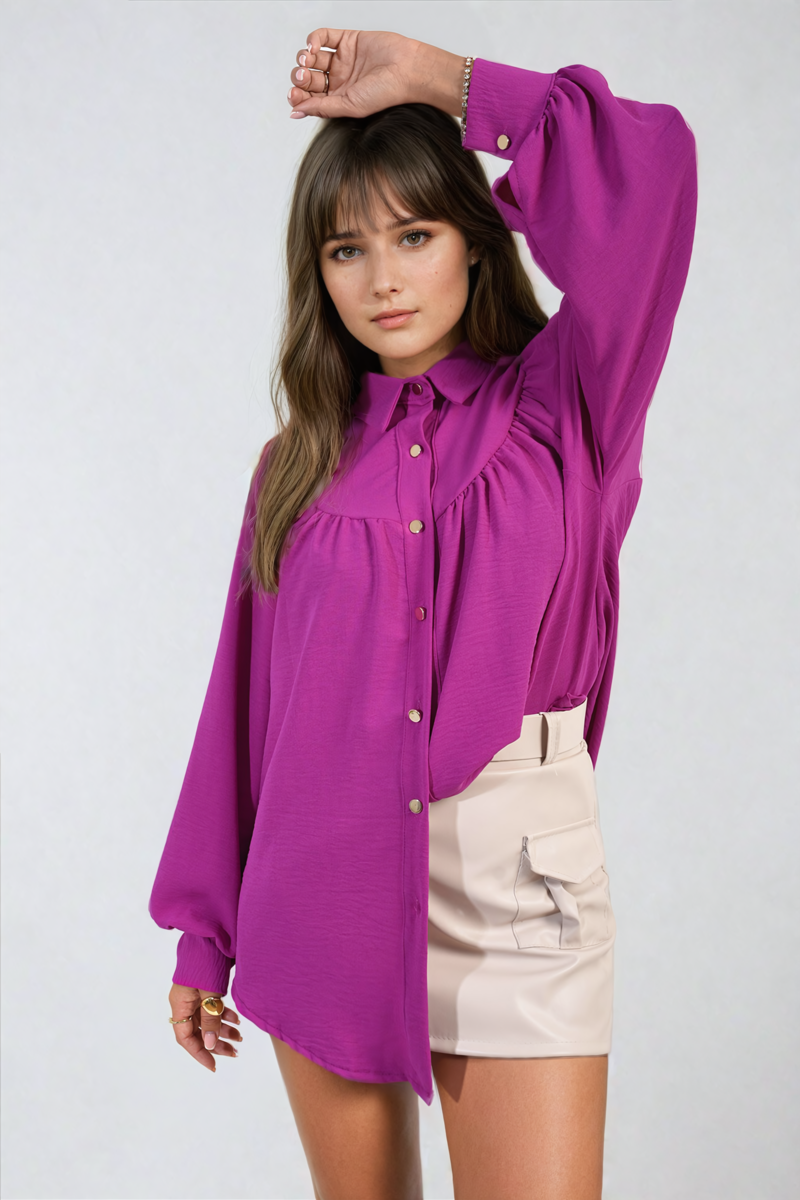 High Neckline Button Front Balloon Sleeve Top