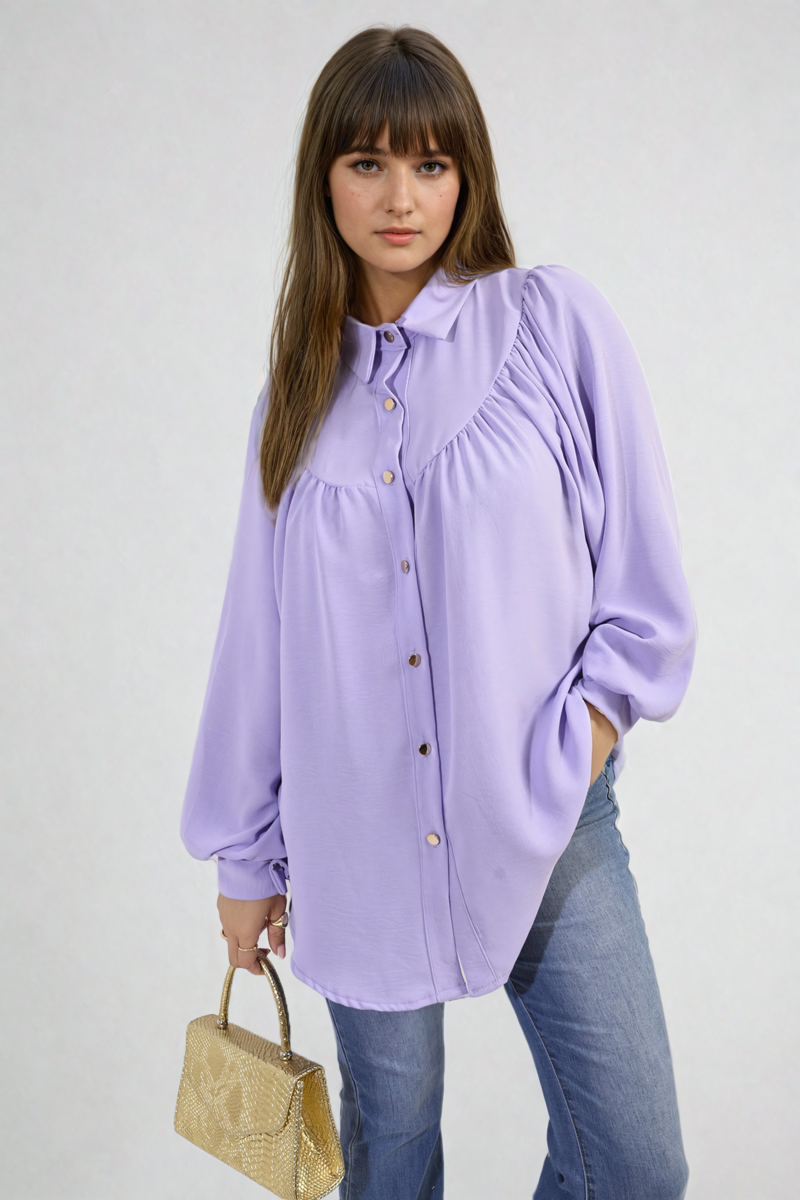 High Neckline Button Front Balloon Sleeve Top