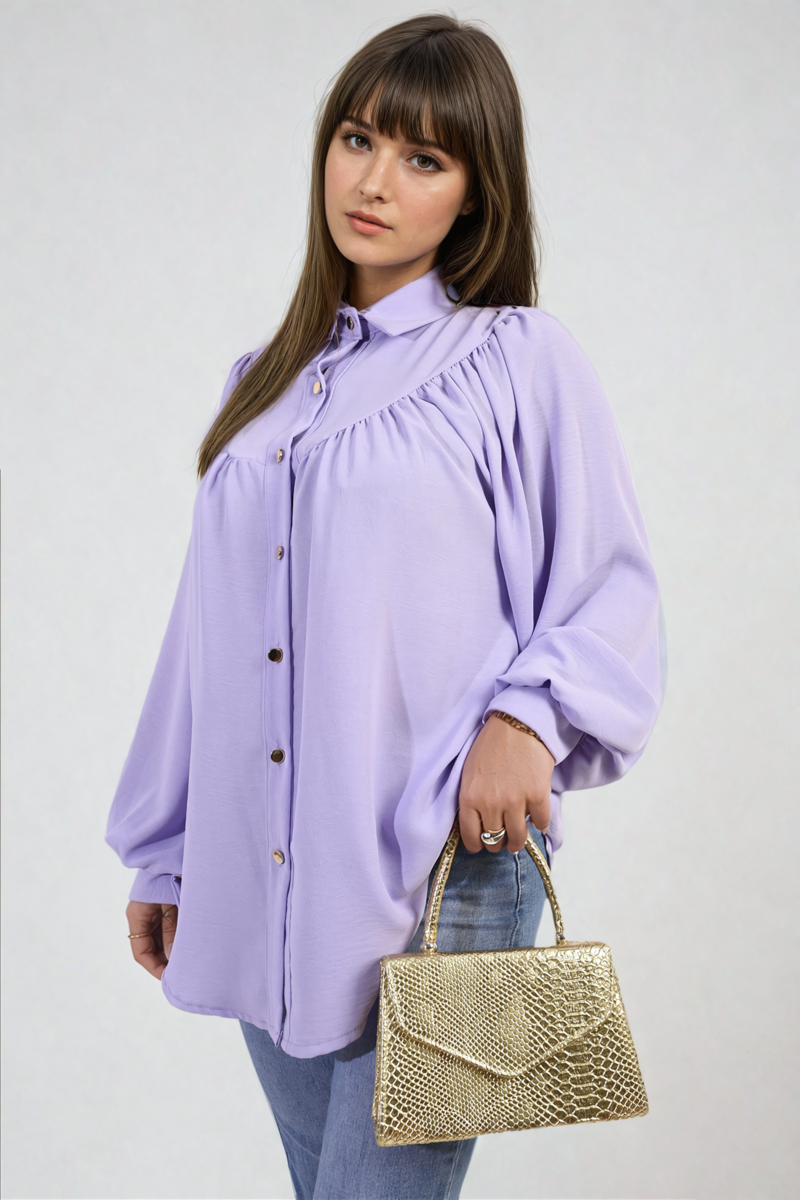 High Neckline Button Front Balloon Sleeve Top