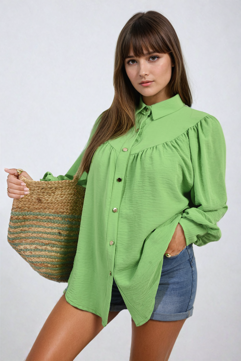 High Neckline Button Front Balloon Sleeve Top