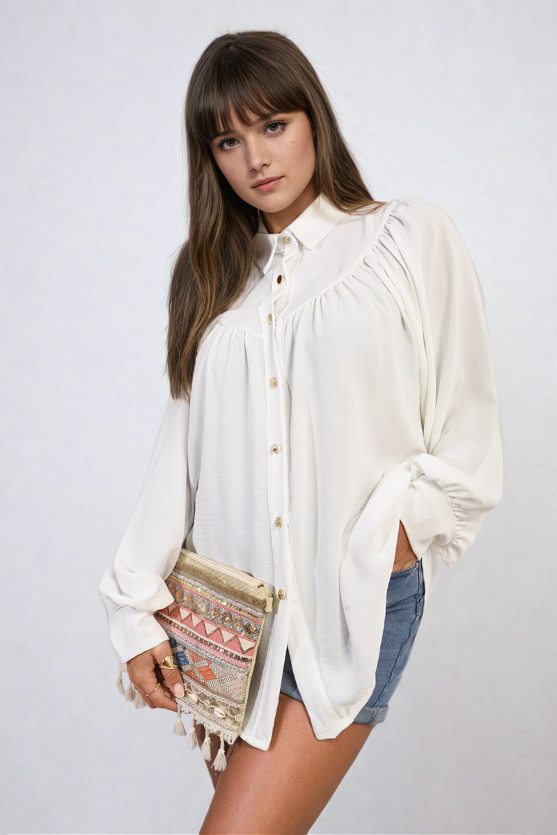 High Neckline Button Front Balloon Sleeve Top