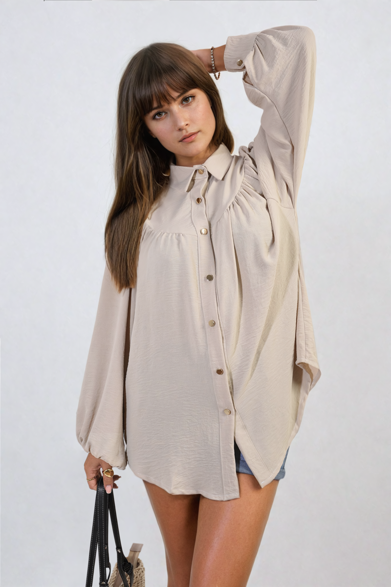 High Neckline Button Front Balloon Sleeve Top