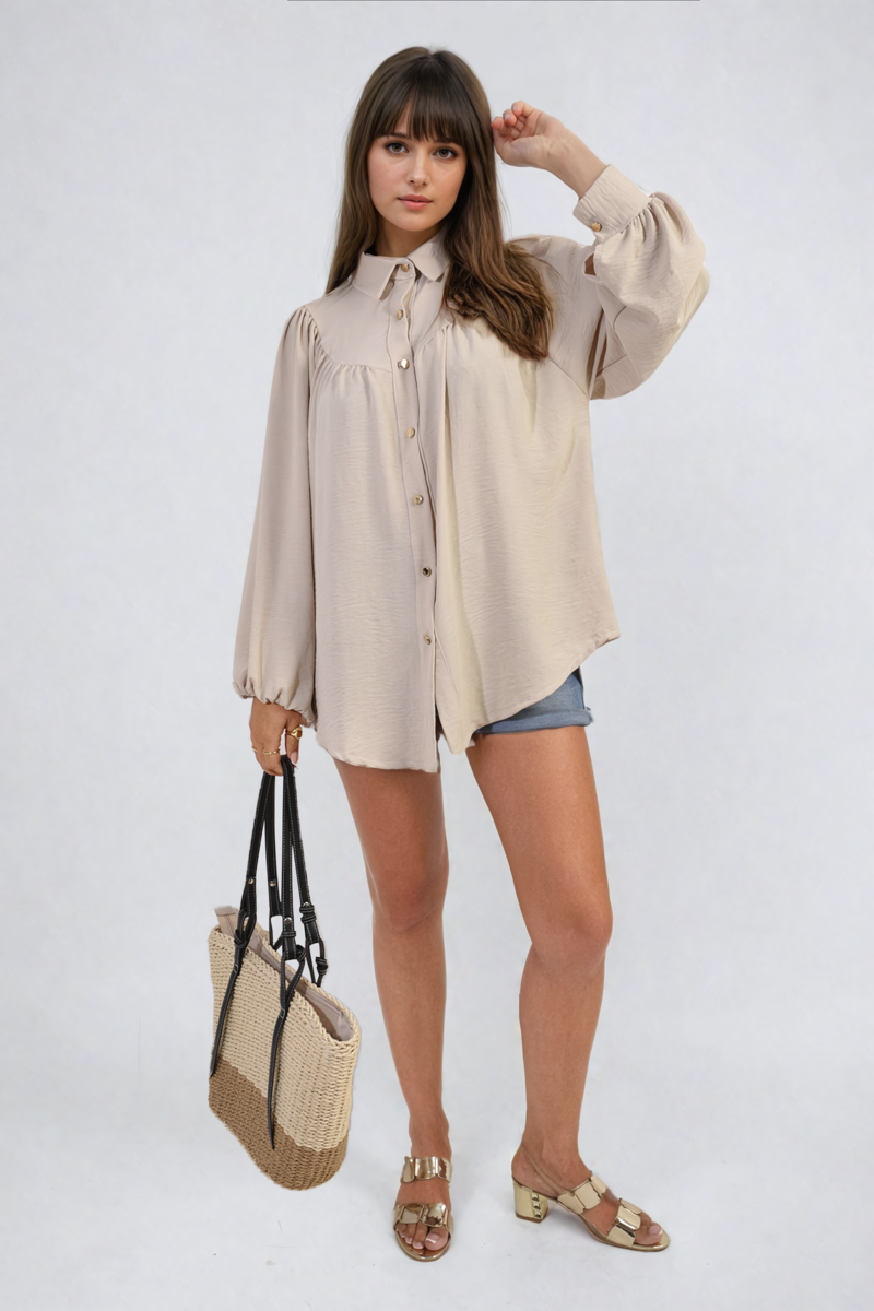 High Neckline Button Front Balloon Sleeve Top