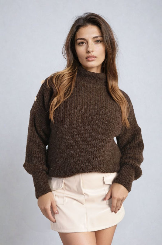 Buttons Long Sleeves Chunky Knit Top