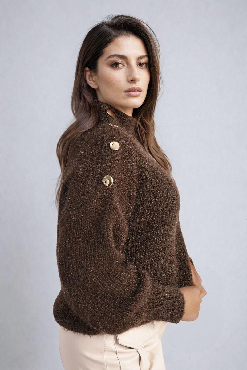 Buttons Long Sleeves Chunky Knit Top