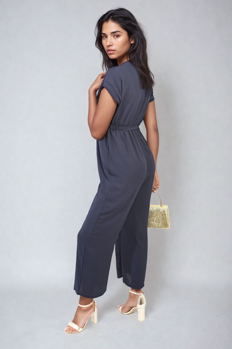 Belted V Neck Jumpsuit with Side Pockets