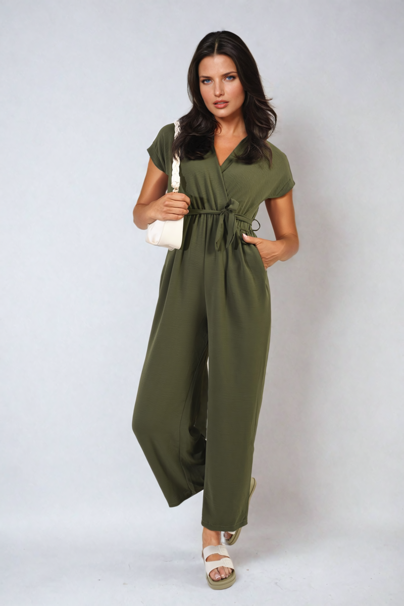 Belted V Neck Jumpsuit with Side Pockets