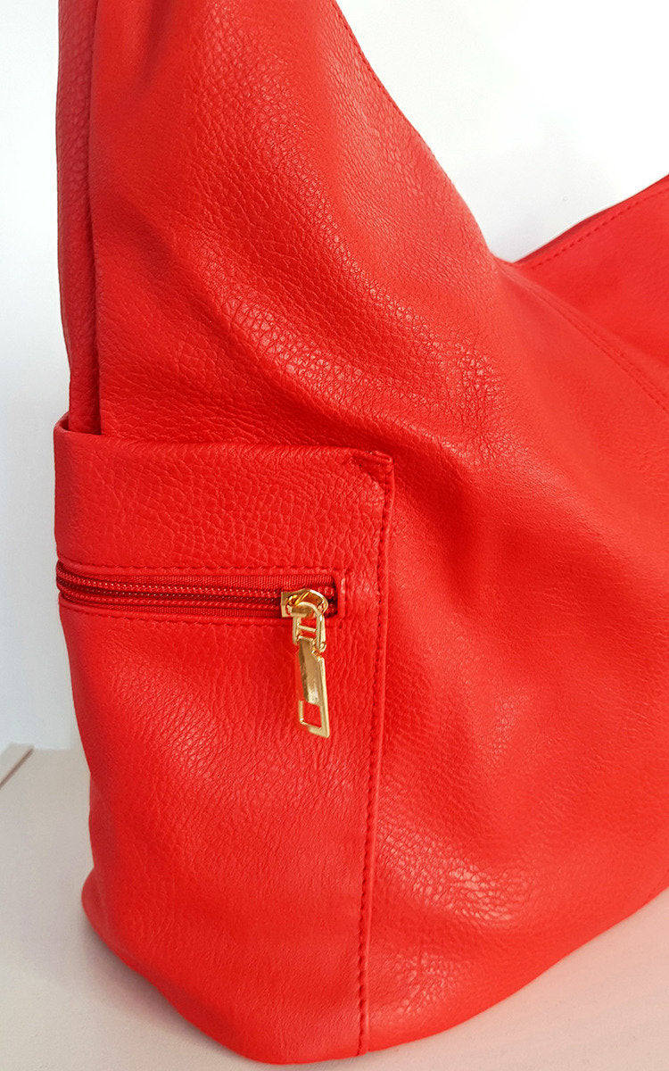 Faux Leather Shoulder Bag with Side Pocket Zip Detail