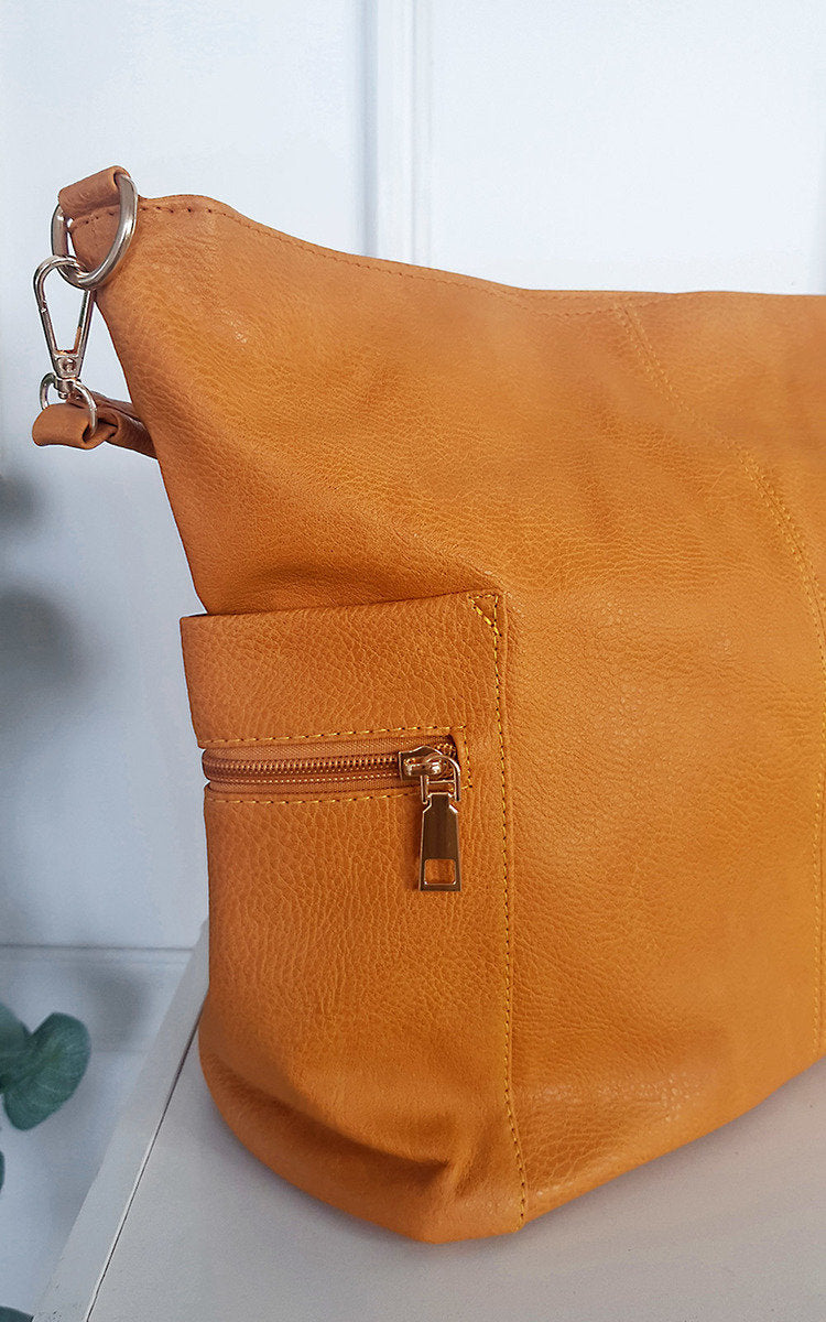 Faux Leather Shoulder Bag with Side Pocket Zip Detail