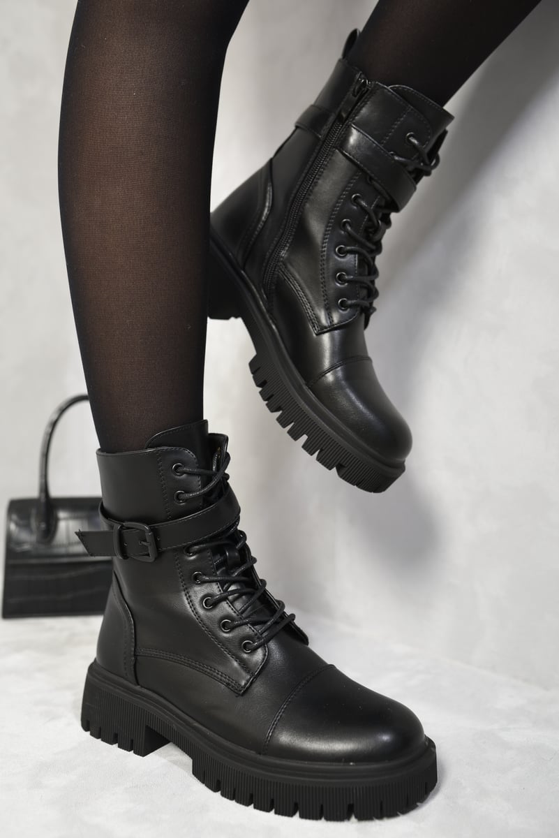 Lace Up Buckle Chunky Combat Boots