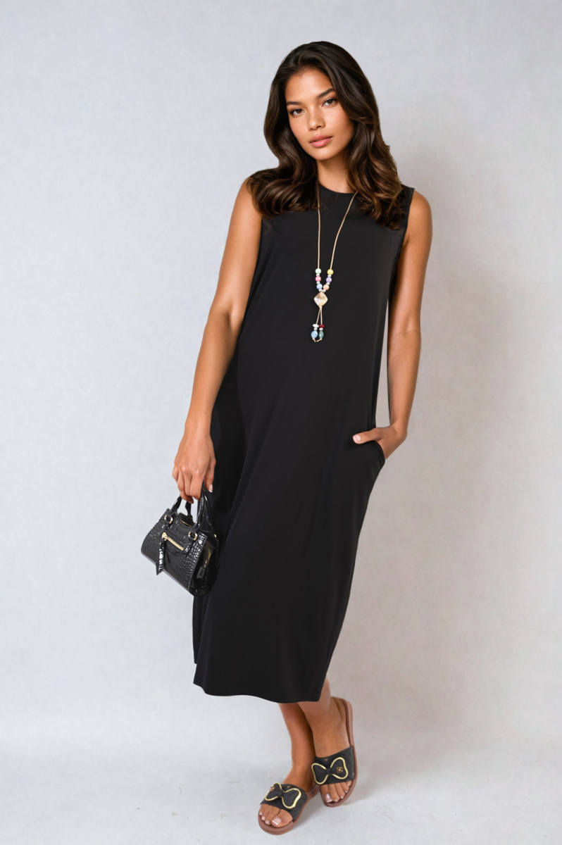 Sleeveless Slit Midi Dress with Side Pockets