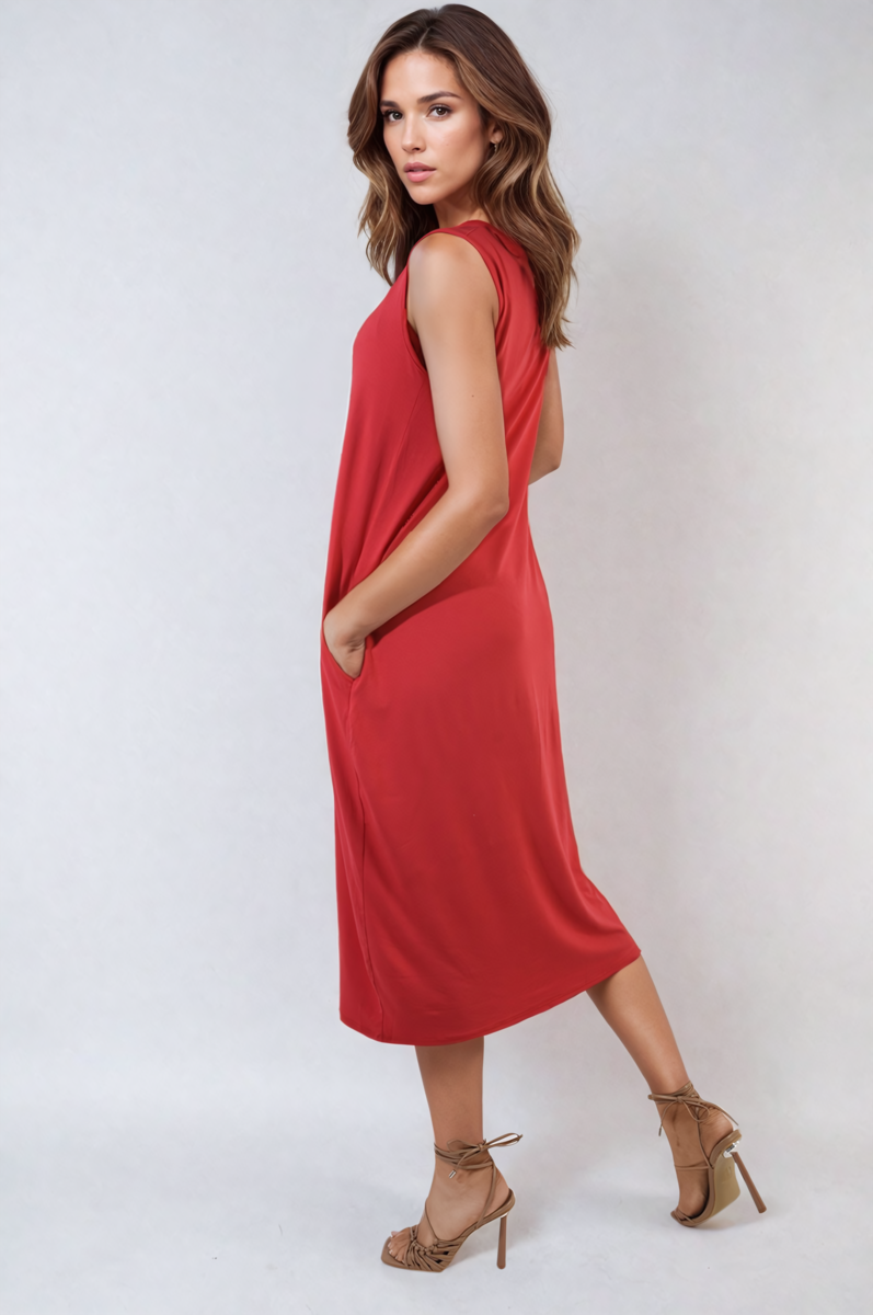 Sleeveless Slit Midi Dress with Side Pockets