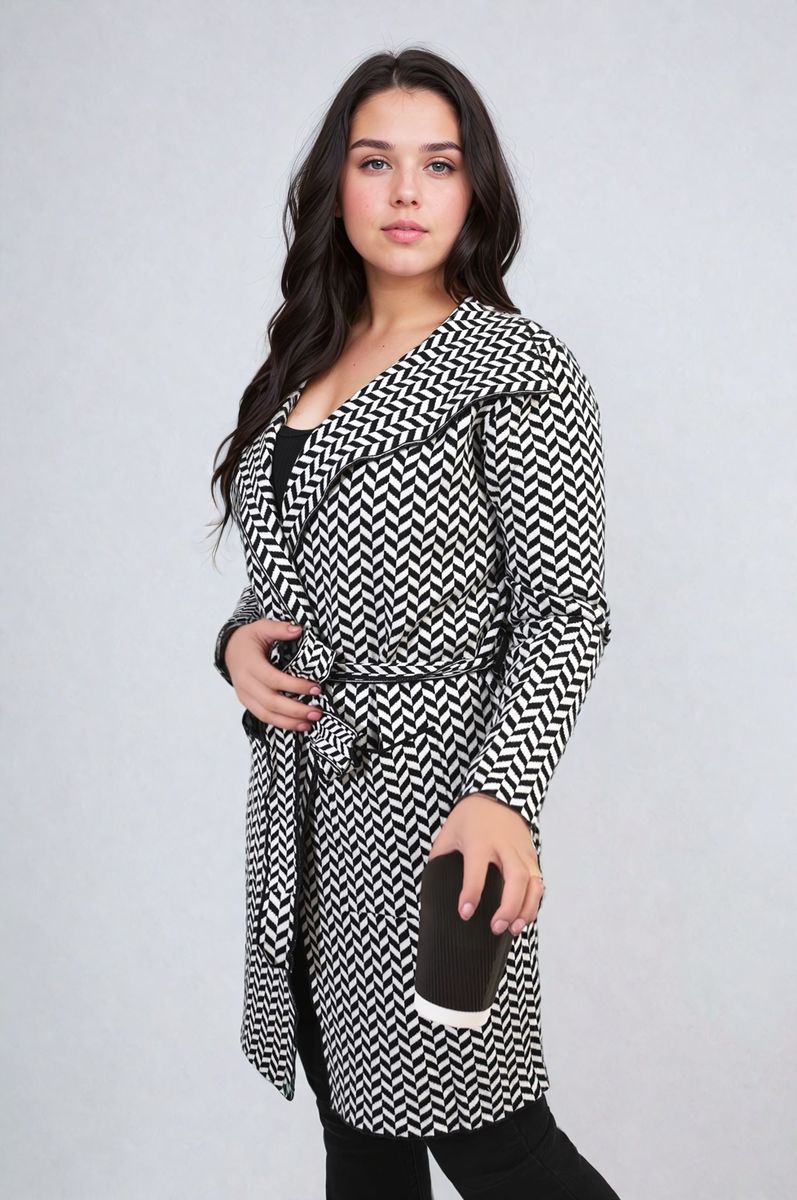 Check Print Full Sleeve Notched Lapel Collar Neck Belted Coat