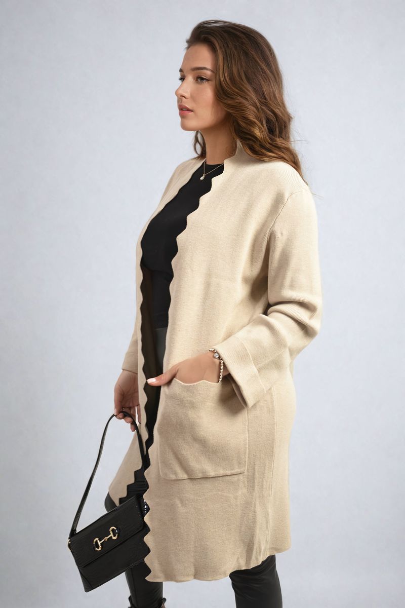 Wave Trim Knitted Cardigan with Front Pockets