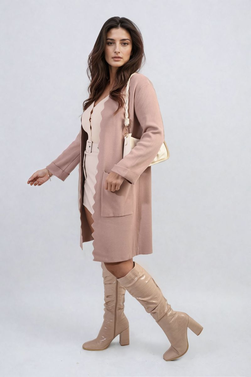 Wave Trim Knitted Cardigan with Front Pockets