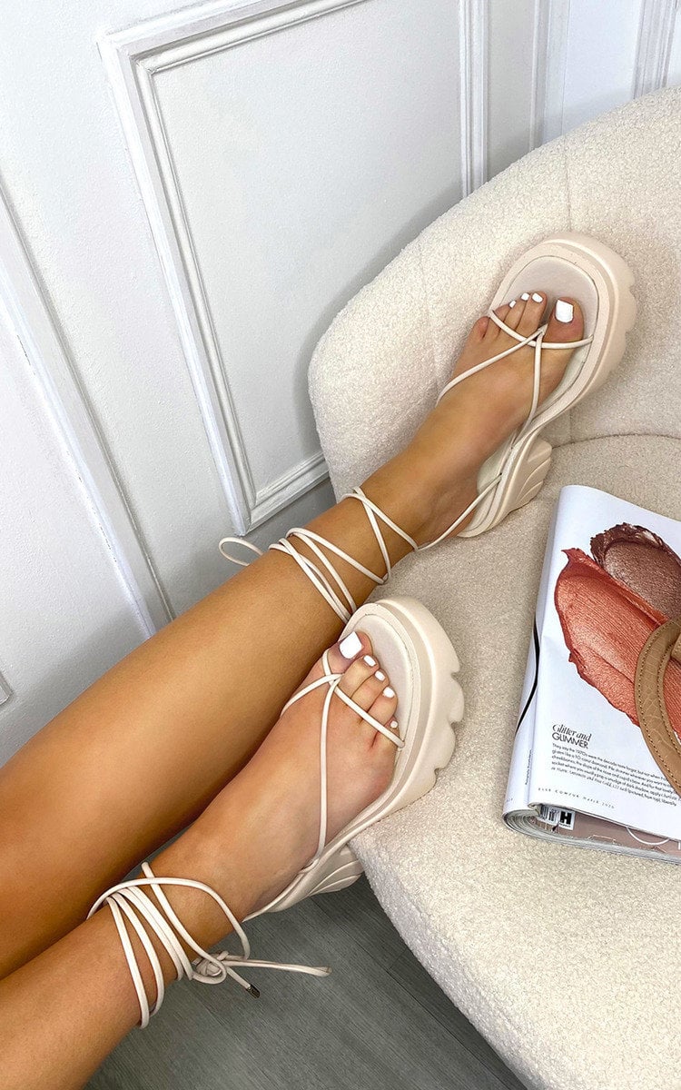 Faux Leather Lace Up Chunky Sandals