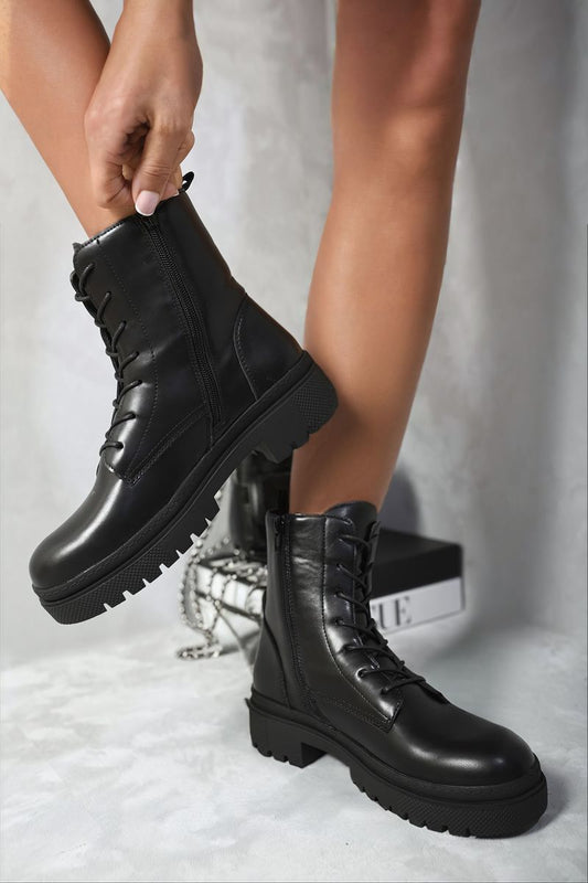 Lace Up Side Zip Chunky Ankle Boots