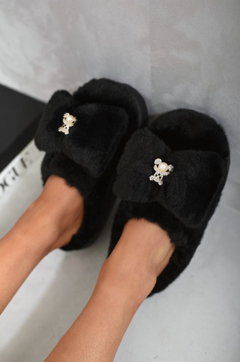 Teddy Bear Bow Faux Fur Fluffy Slippers