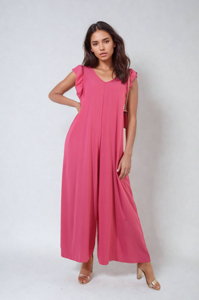 Ruffle Sleeve V-Neck Loose Waist Wide Leg Jumpsuit Size S/M M/L