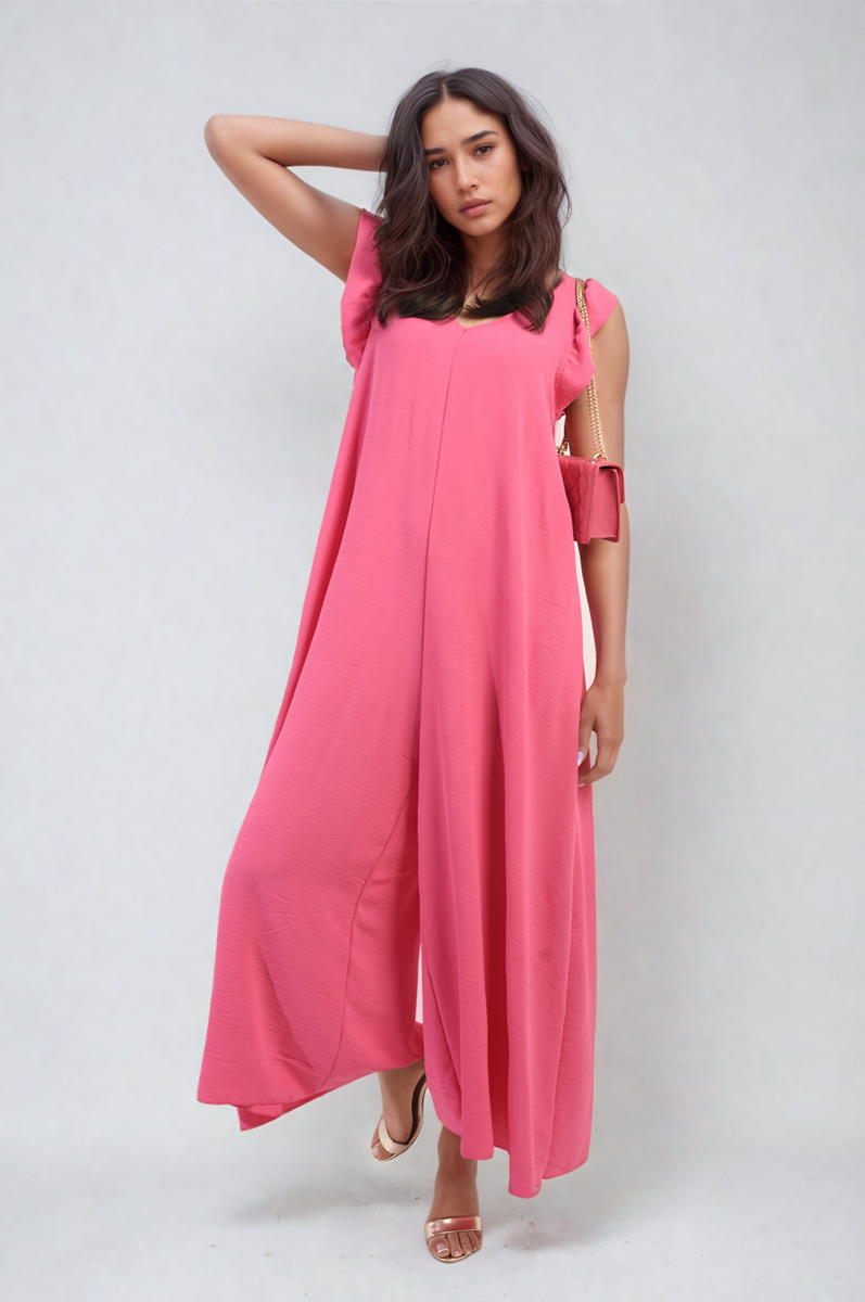 Ruffle Sleeve V-Neck Loose Waist Wide Leg Jumpsuit Size S/M M/L