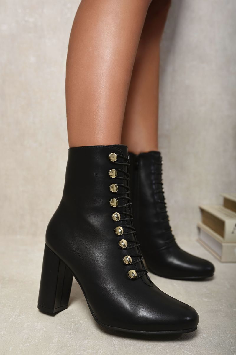 Button Detail Block Heel Lace Up Ankle Boots