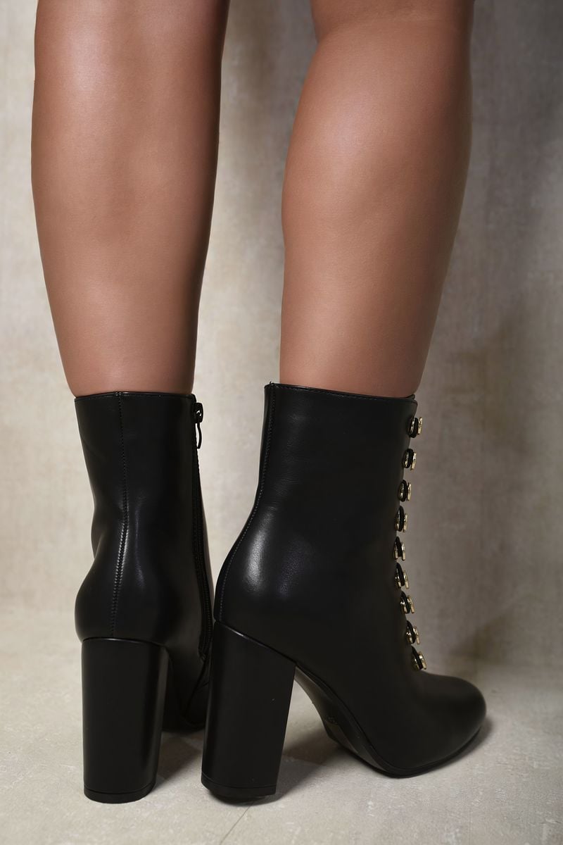 Button Detail Block Heel Lace Up Ankle Boots