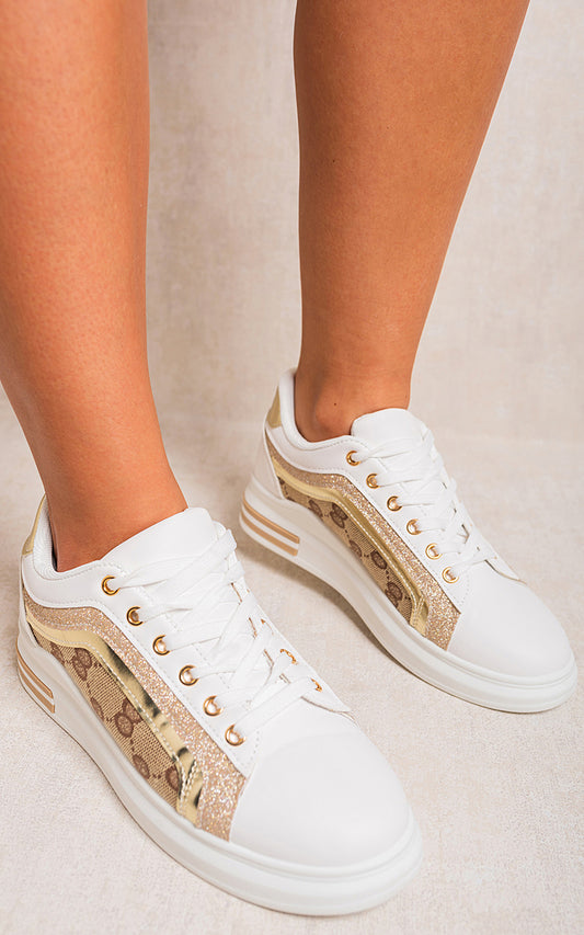 Faux Leather Chunky Trainers With Glitter Detail