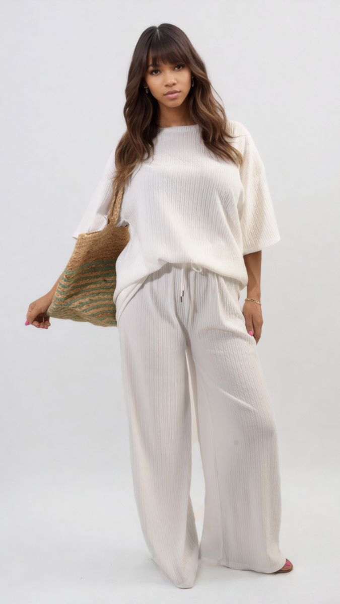 Ribbed Oversized Top and Drawstring Wide Leg Trouser Co-ord Set