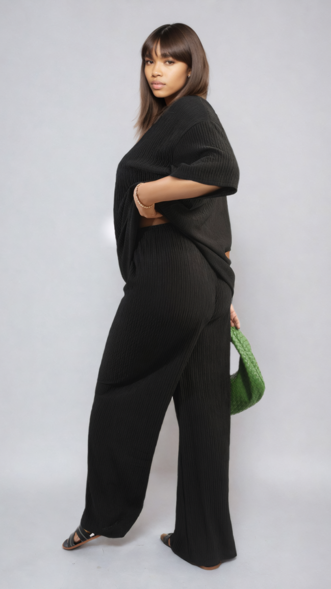 Ribbed Oversized Top and Drawstring Wide Leg Trouser Co-ord Set