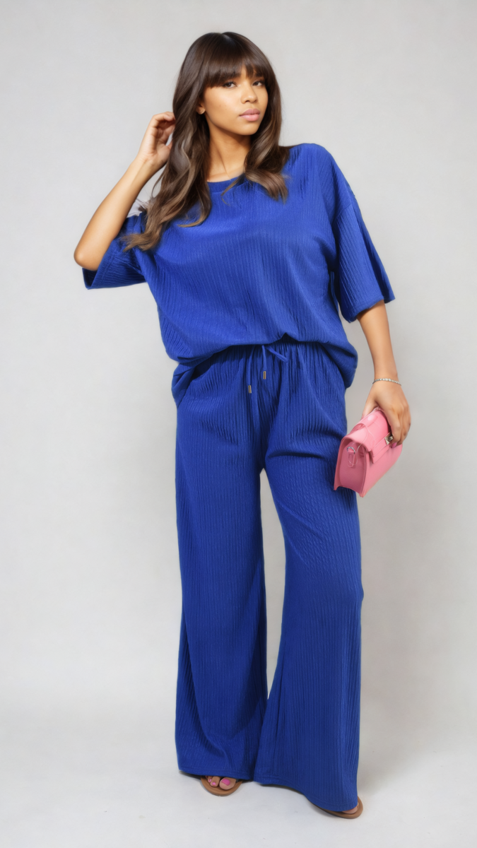 Ribbed Oversized Top and Drawstring Wide Leg Trouser Co-ord Set