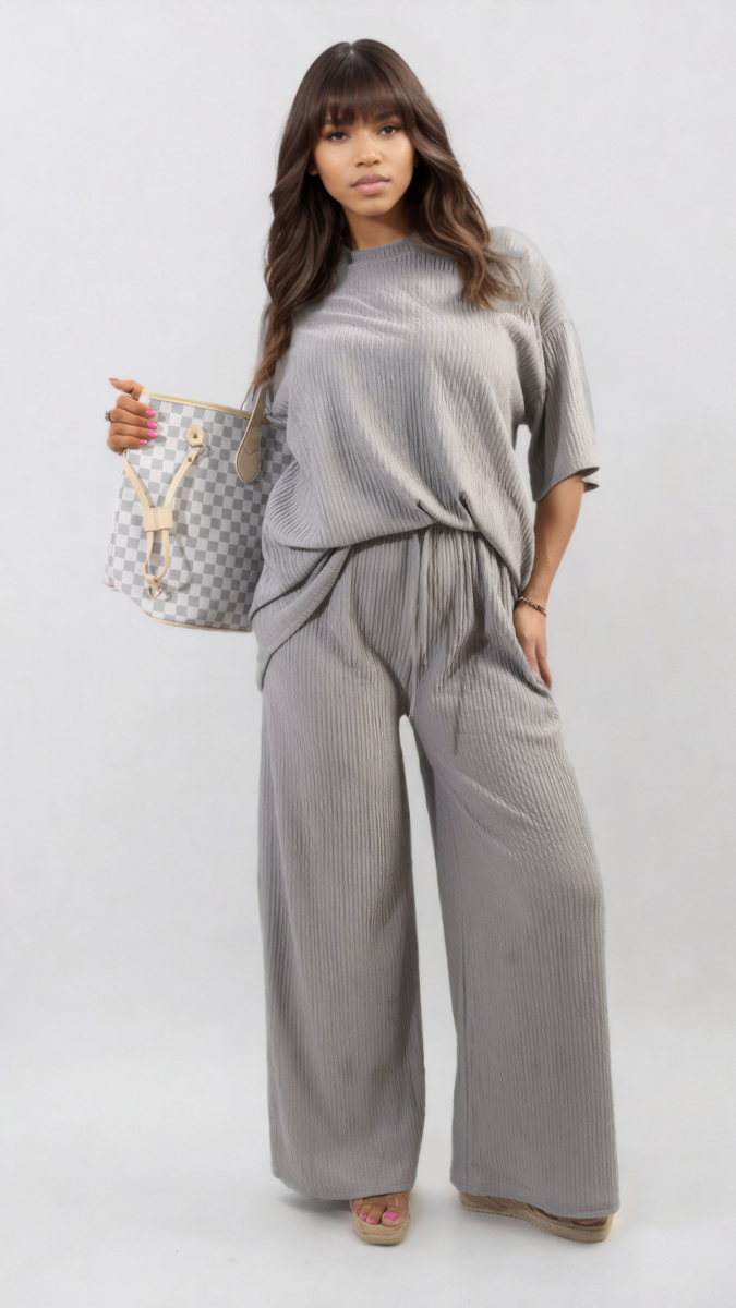 Ribbed Oversized Top and Drawstring Wide Leg Trouser Co-ord Set