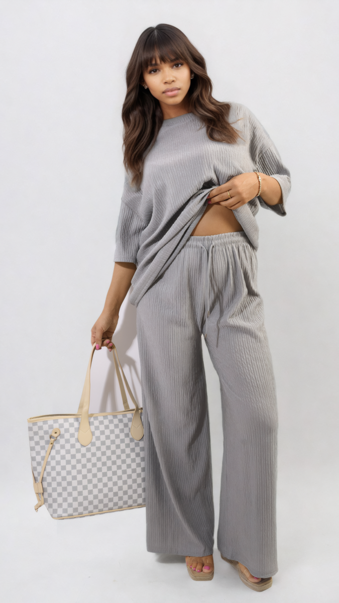 Ribbed Oversized Top and Drawstring Wide Leg Trouser Co-ord Set