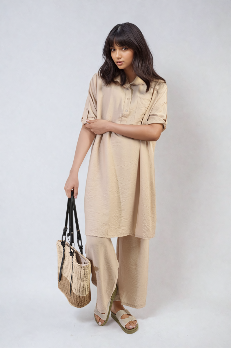 Oversized Button Front Shirt & Wide Leg Pants Co-ord Set