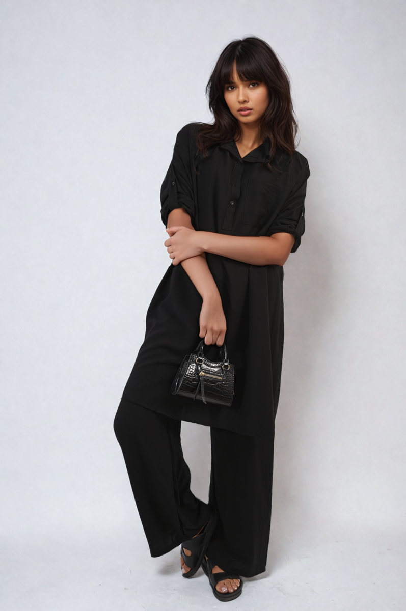 Oversized Button Front Shirt & Wide Leg Pants Co-ord Set