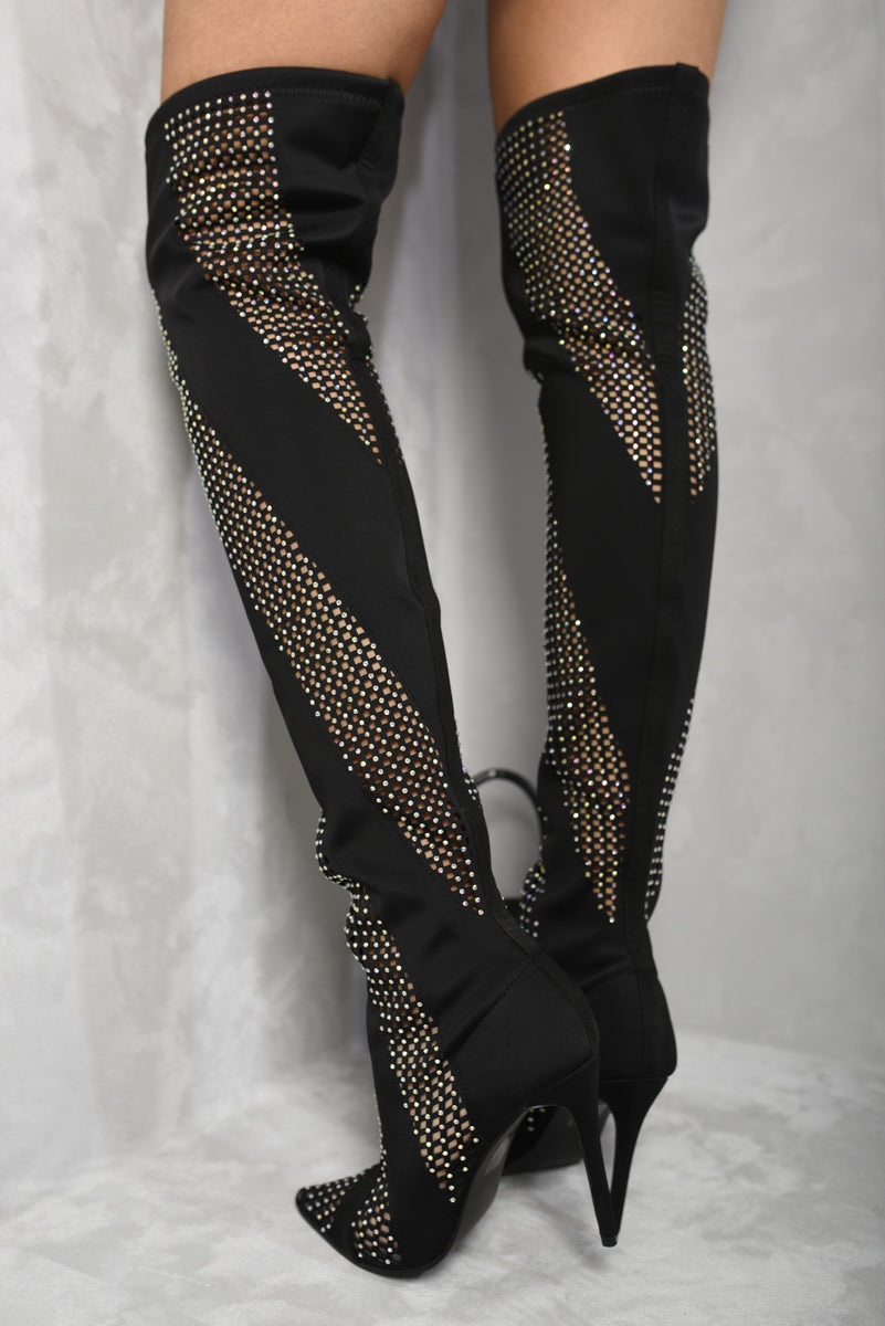 Rhinestone Mesh Knee High Boots