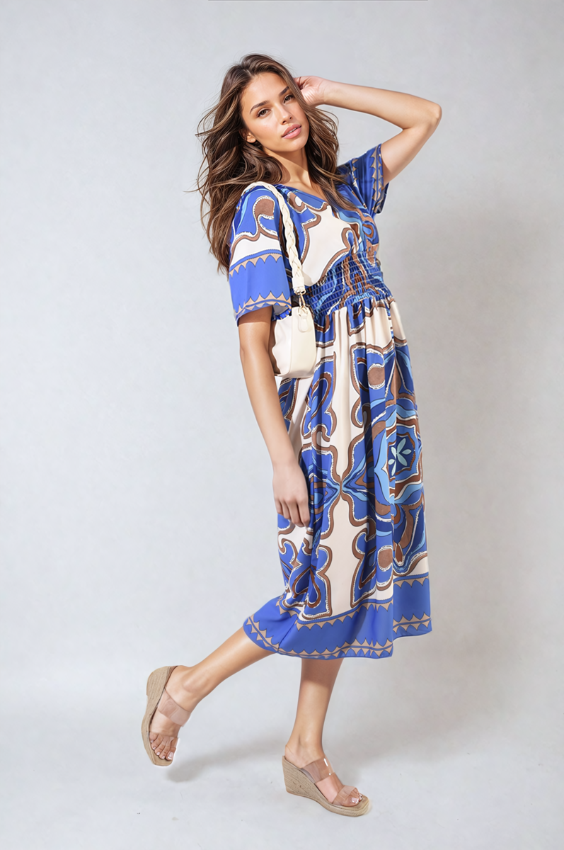 Ruched Printed V-Neck Short Sleeve Midi Dress