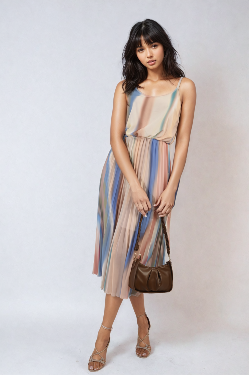 Multi Colored Print Pleated Strappy Midi Dress