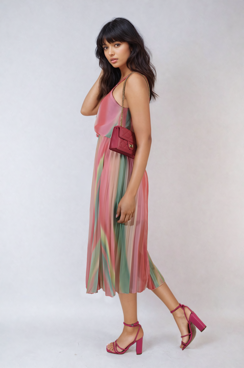 Multi Colored Print Pleated Strappy Midi Dress