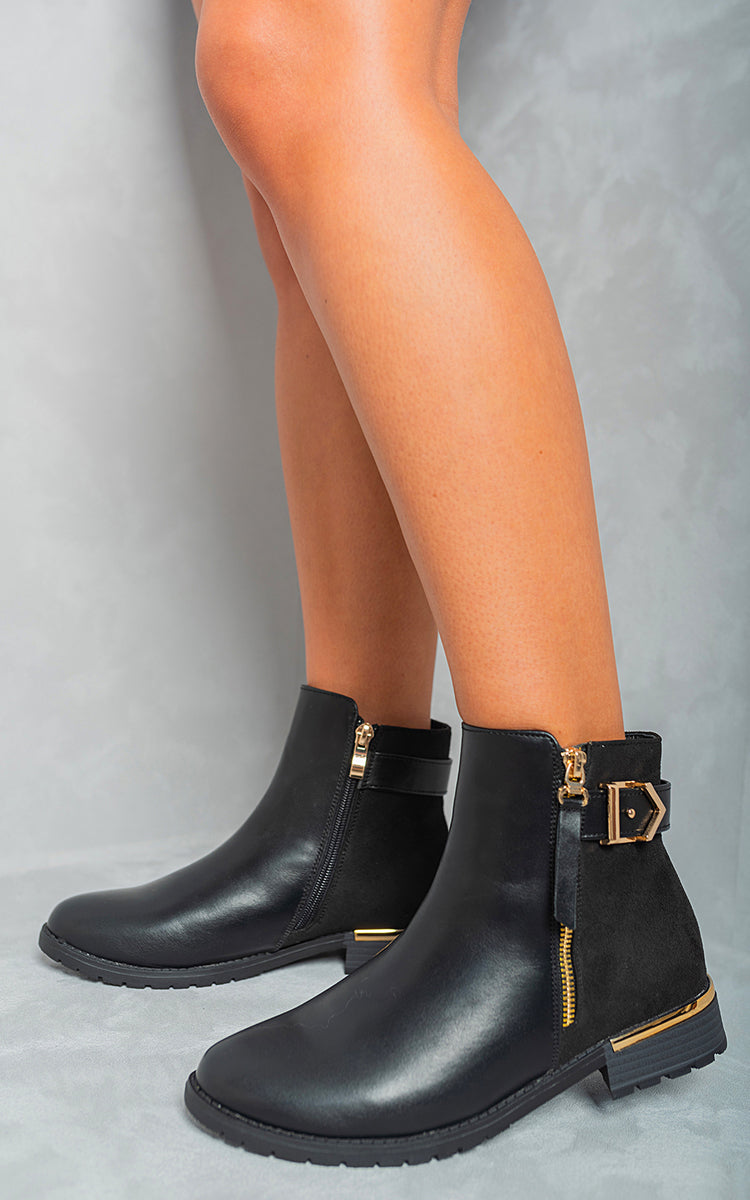 Gold Zip Up Buckle Chelsea Ankle Boots