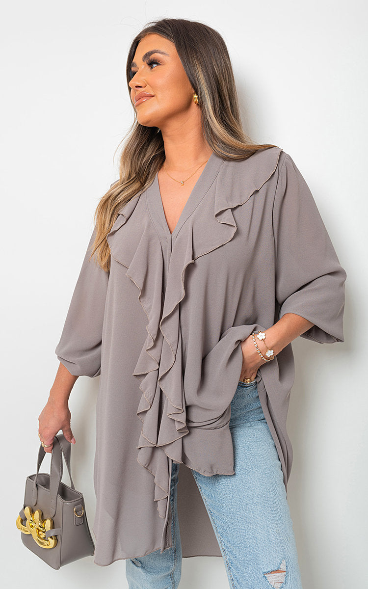 Oversized Ruffle Long Sleeve Tops