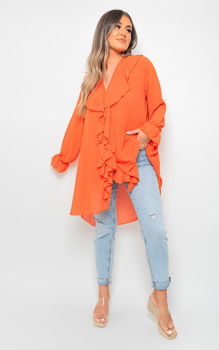 Oversized Ruffle Long Sleeve Tops