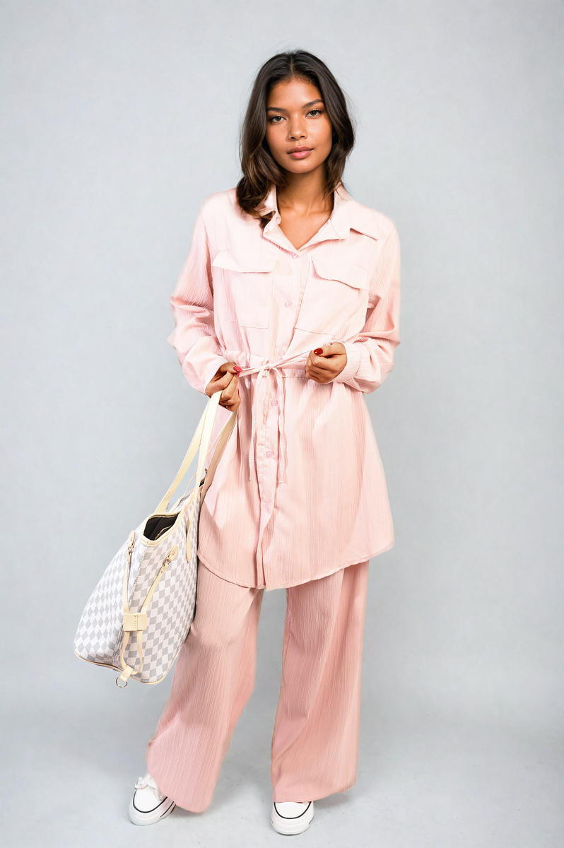 Oversized Long Sleeve Belted Button Down Top and Trouser Co-ord Set